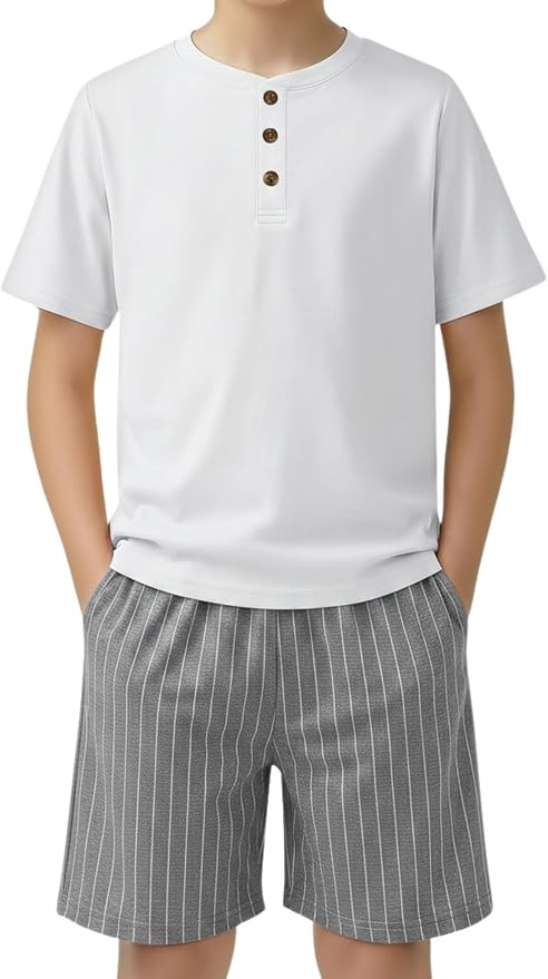 Arshiner Boy's Textured Button Up Shirt and Shorts Set 2 Piece Summer Beach Outfit for 5~12 Years... | Amazon (US)