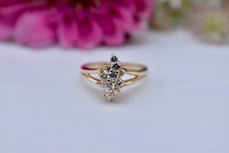 Vintage 14K Yellow Gold Dainty Cluster Minimalist Diamond Ring - Etsy | Etsy (US)