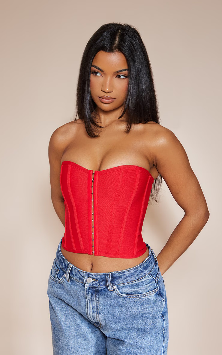 Dusty Red Bandage Hook And Eye Structured Corset | PrettyLittleThing US