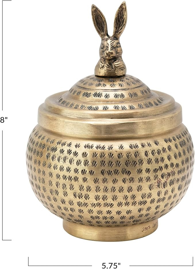Creative Co-Op, Brass Round Hammered Metal Container with Rabbit Finial, Finish | Amazon (US)