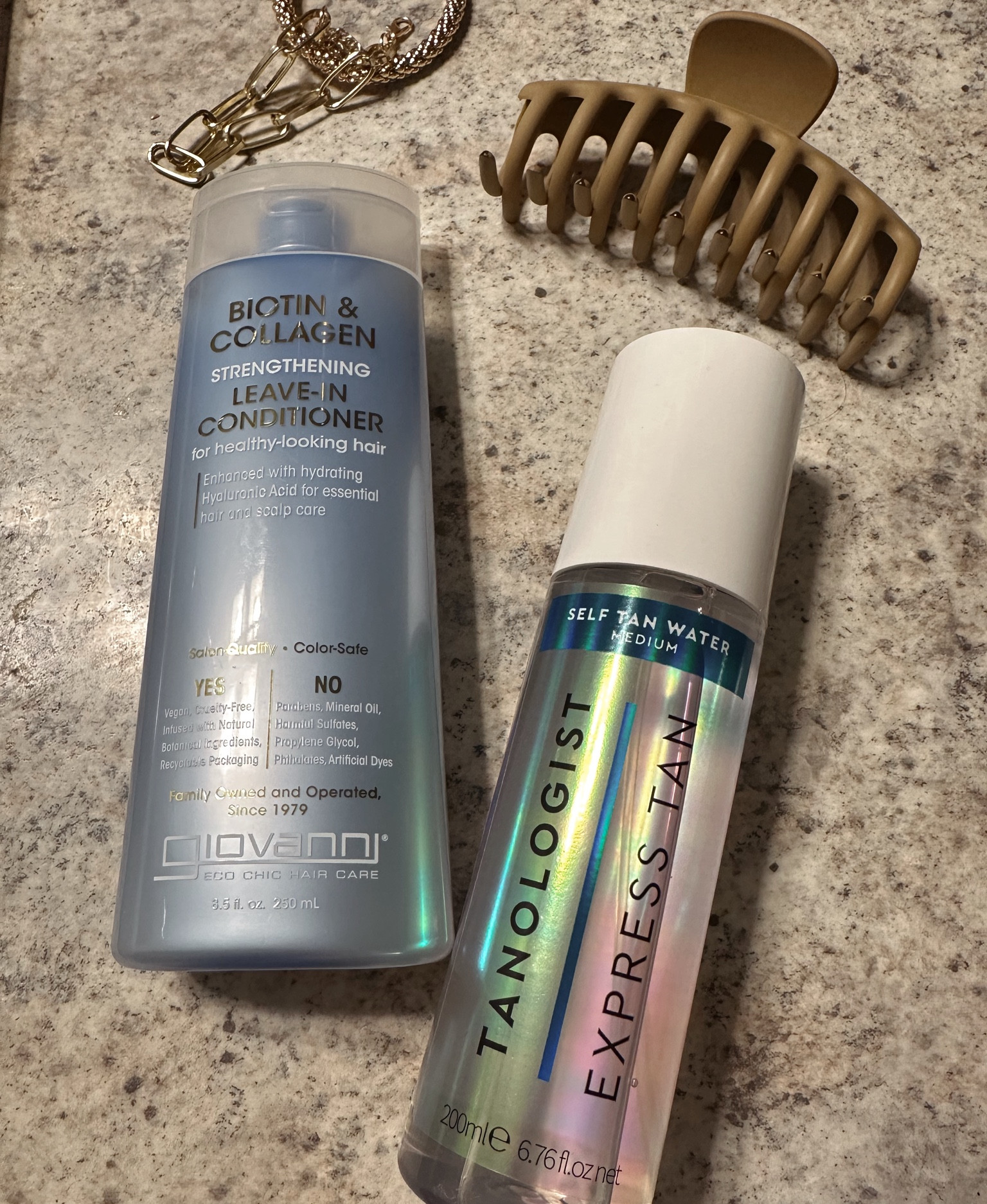 Self tanner + leave in conditioner + skincare + hair products + beauty products

#LTKbeauty #LTKwedding #LTKtravel