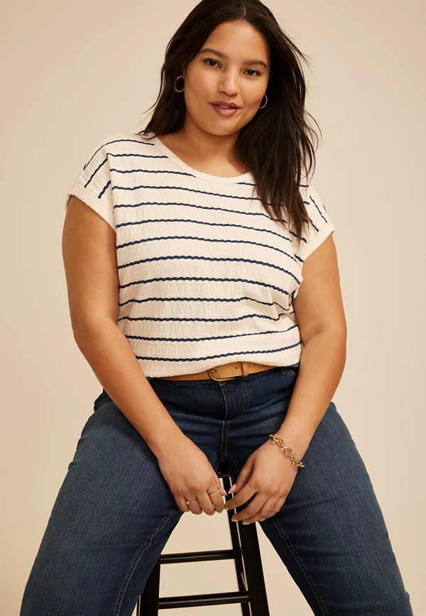 Plus Size 24/7 Clara Striped Jacquard Tee | Maurices