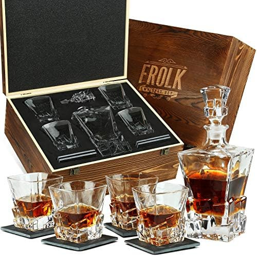 Amazon.com | Whiskey Decanter and Glasses Set - Gift for Men - 4 Extra Large Scotch Rocks Glasses... | Amazon (US)