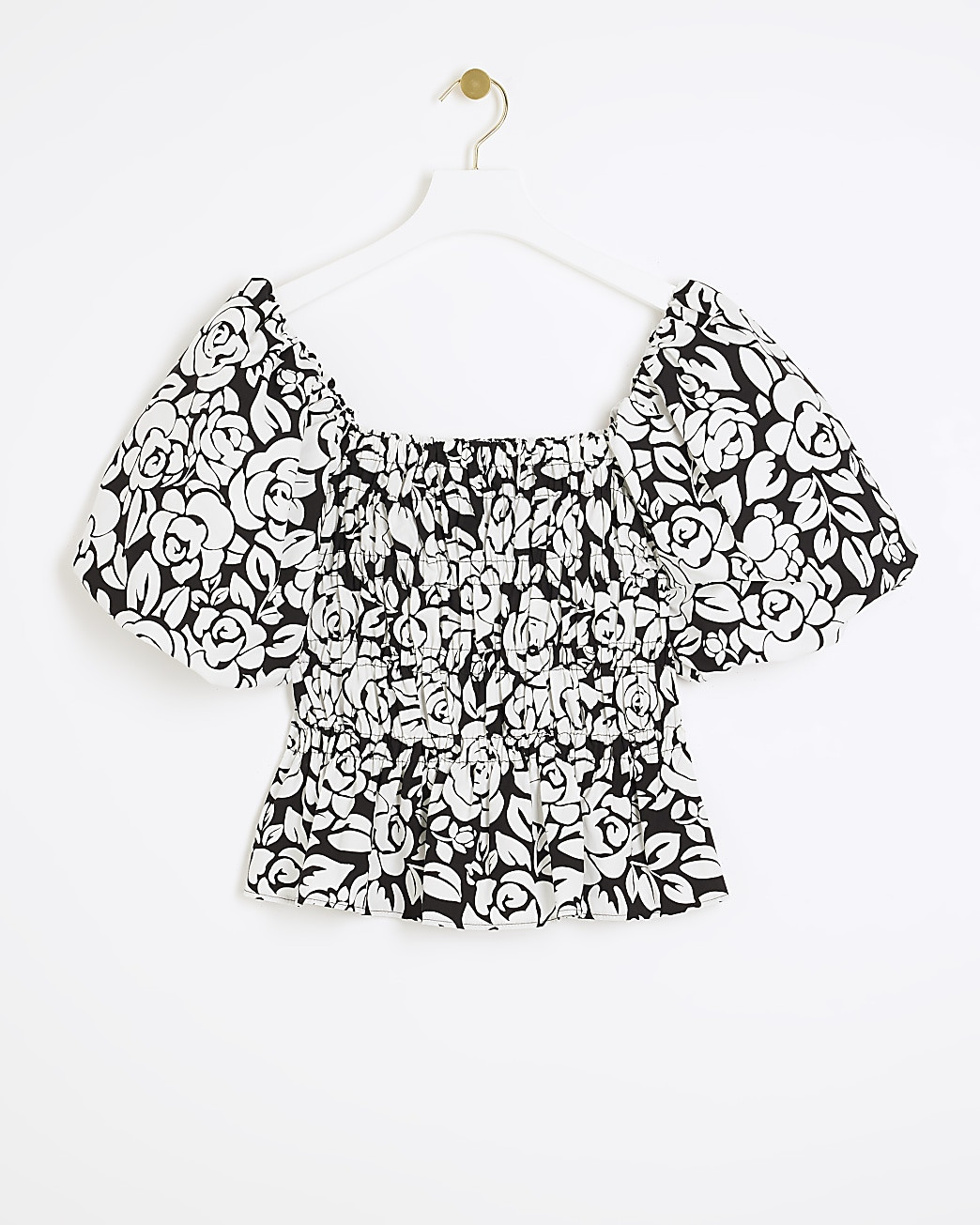 Black shirred floral puff sleeve blouse | River Island (UK & IE)