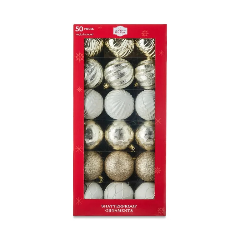 50-Count Champagne Shatterproof Christmas Ball Ornaments, by Holiday Time | Walmart (US)