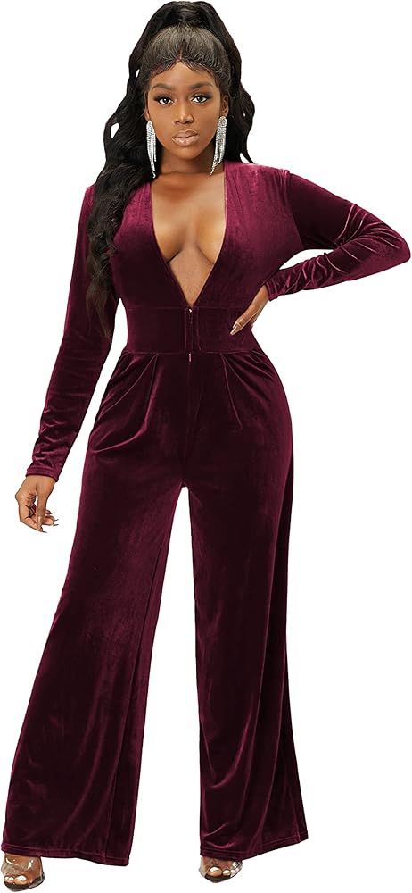 SheKiss Womens 2023 Sexy Deep V Neck Solid Velvet Harem Jumpsuits Long Sleeves Elastic Waist Loos... | Amazon (US)