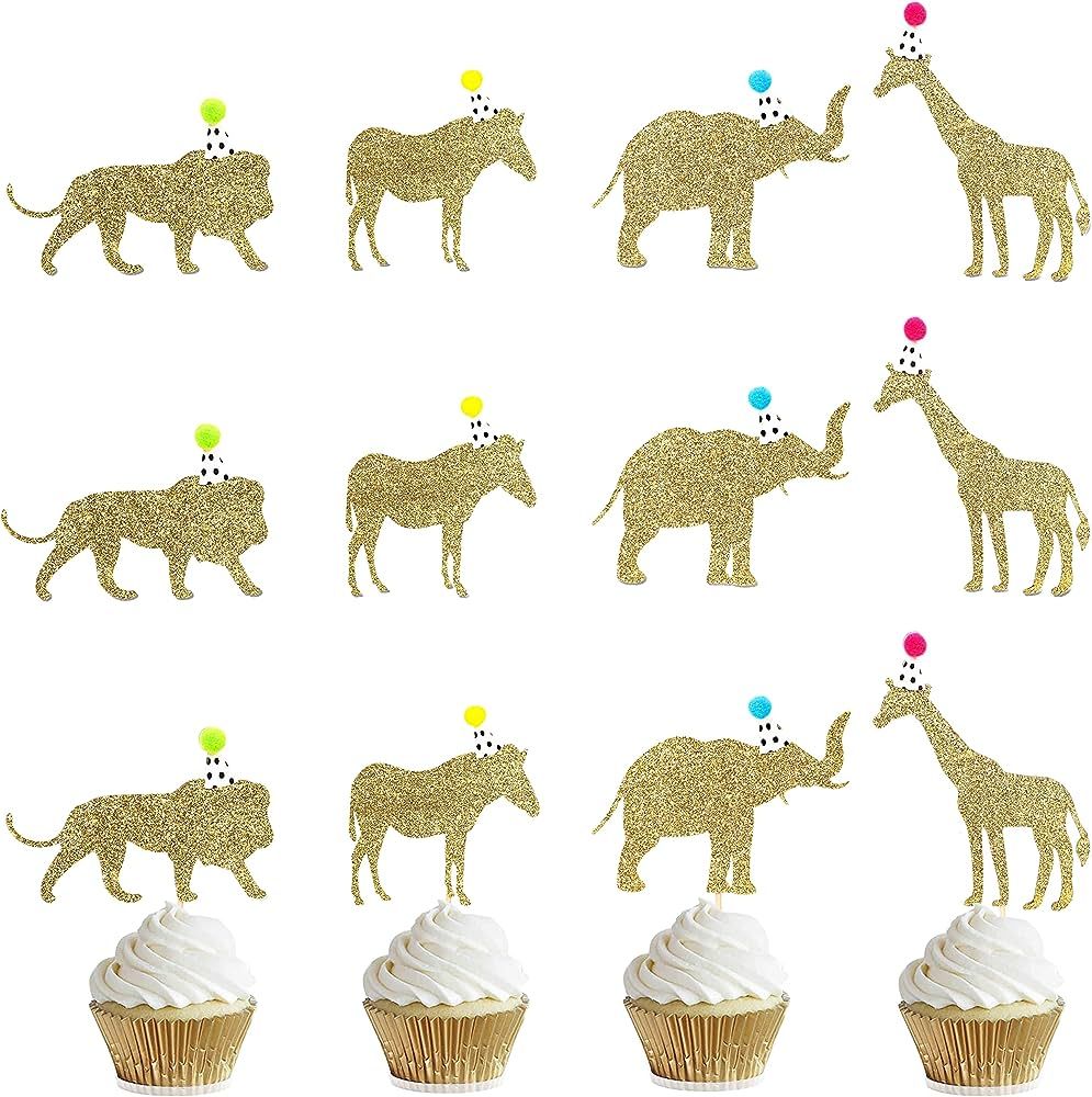 Party Animal Birthday Cupcake Toppers - Zoo Party Decor,Circus Party Decor for Baby Showers,Glitt... | Amazon (US)
