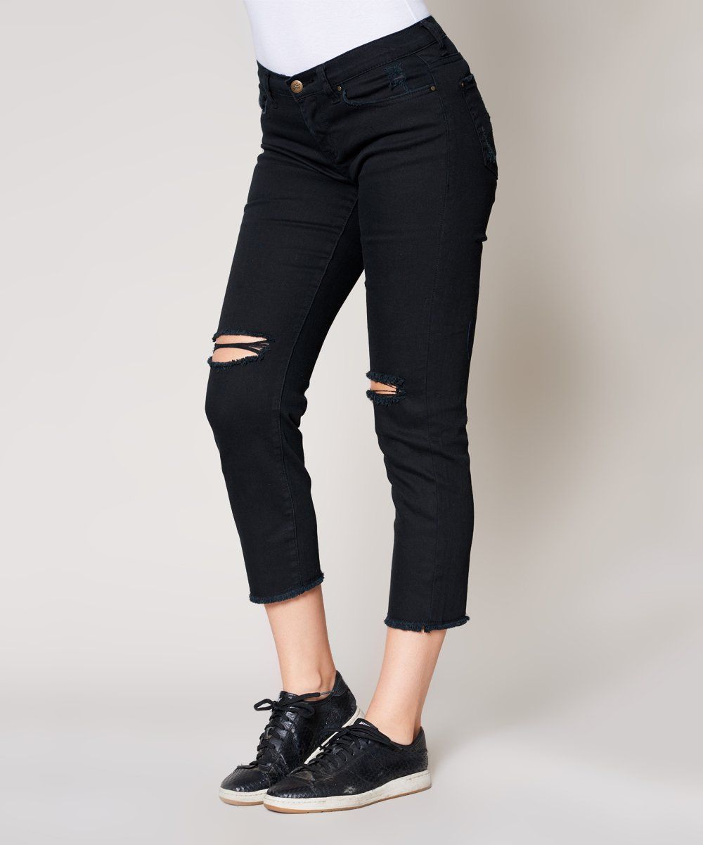 Black Distressed Raw Step Hem Crop Jeans - Women | zulily