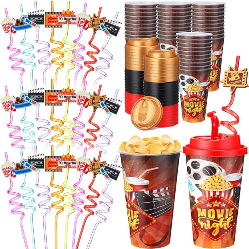 Yungyan 24 Sets Movie Night Party Favors Goodie Cups with Lids and Straws for Halloween Party Decorations Reusable 16oz Plastic Candy Cups Plastic Straws for Birthday Gift(Movie Night) | Amazon (US)