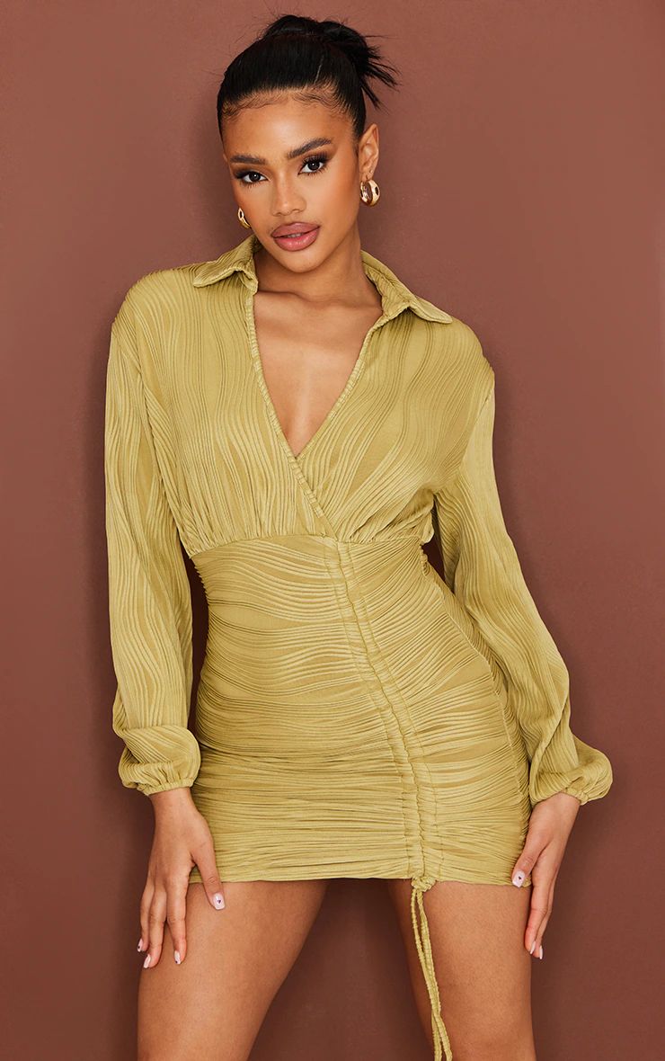 Olive Crinkle Ruched Skirt Shirt Dress | PrettyLittleThing US