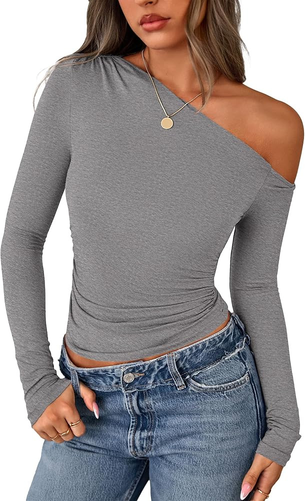 PRETTYGARDEN Womens Off Shoulder Long Sleeve Shirts 2026 Fall Ruched Fitted Asymmetrical Going Ou... | Amazon (US)