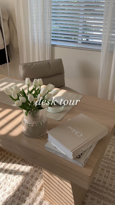 neutral aesthetic desk tour 🫶🏼 

🔑 room tour, beige aesthetic, beige office, home office, cb2 desk, fake tulips, headphone case
