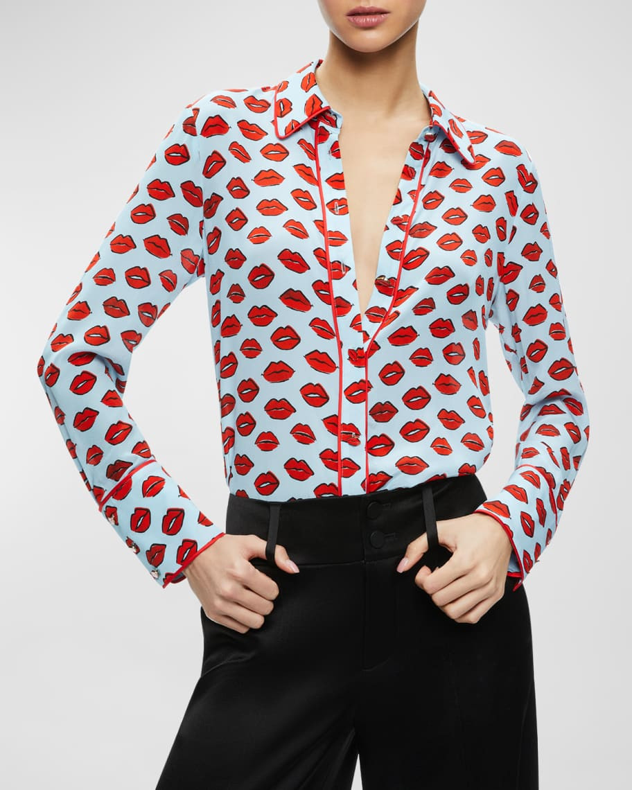 Alice + Olivia Willa Kiss Kiss Silk Button-Front Top | Neiman Marcus