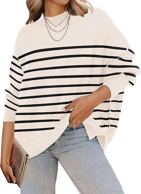 ZESICA Women's Fall 2025 Casual Long Sleeve Crew Neck Side Slit Oversized Ribbed Knit Pullover Sw... | Amazon (US)