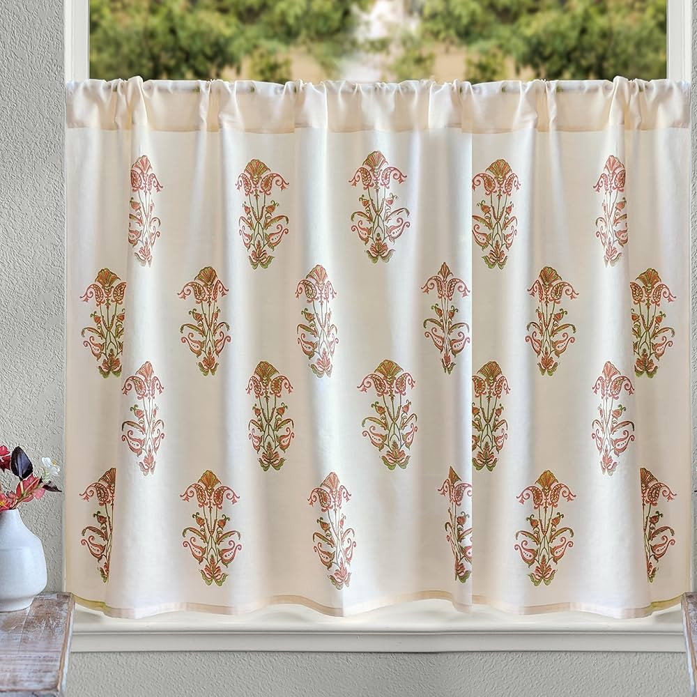 Half Kitchen Cotton Curtains for Small Windows, Bathroom and Cafe Hand Block Printed Orange Bloss... | Amazon (US)
