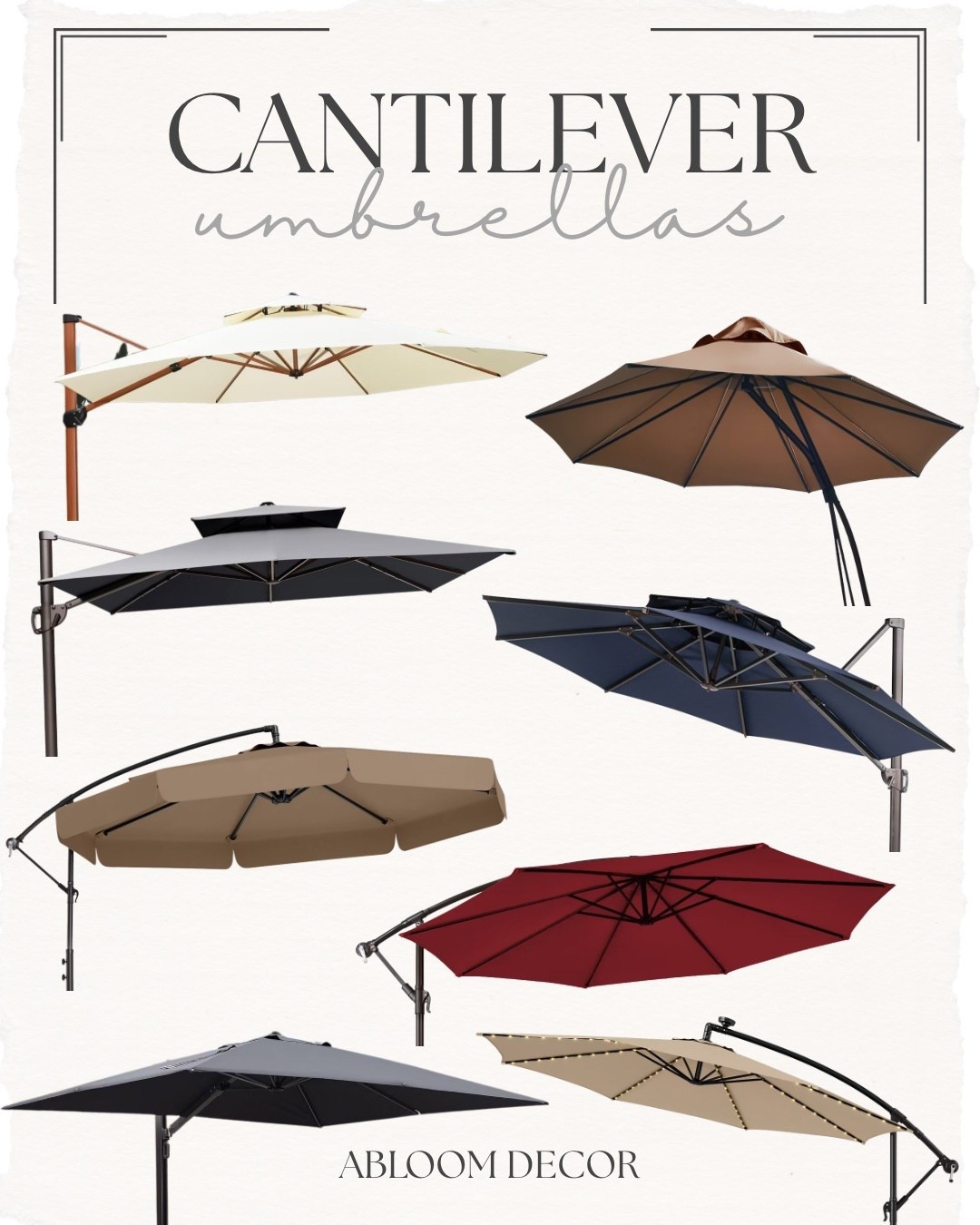 If you want shade outside without a bulky table umbrella in the way, these cantilever umbrellas are such a good option. This collage shows a bunch of great color choices—from classic neutrals to bold shades—so it’s easy to match whatever outdoor vibe you have going on. 

#LTKHome