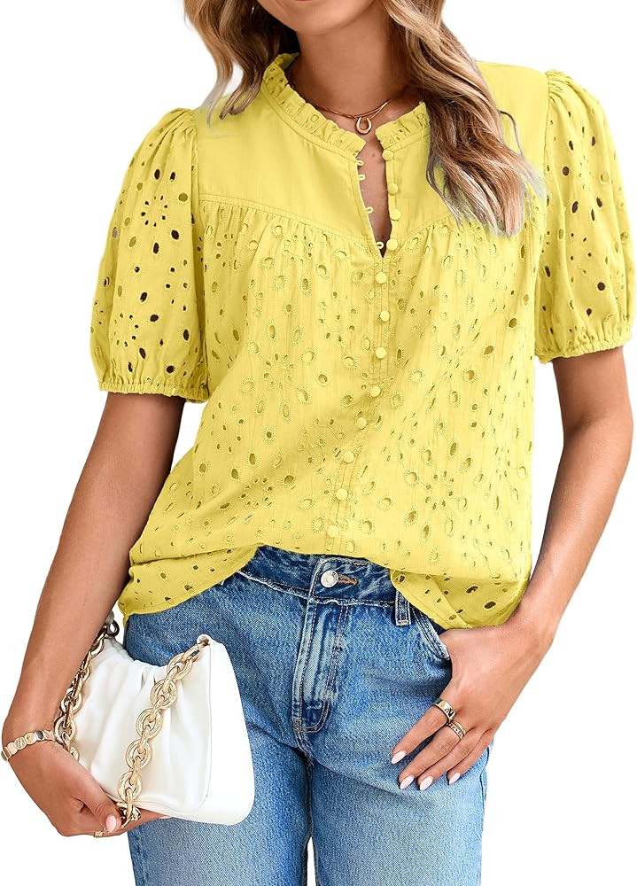 Glamaker Womens Summer Tops Blouse 2026 Casual Eyelet Embroidered Short Puff Sleeve Lace Hollow O... | Amazon (US)