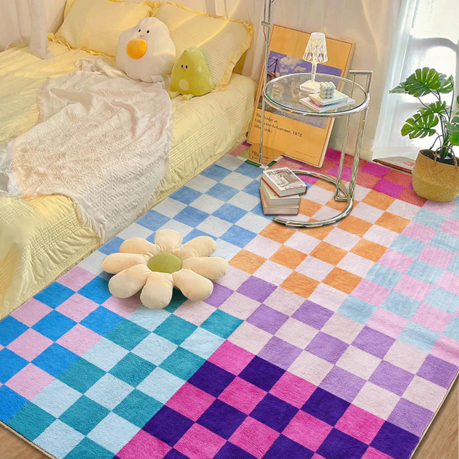 Multicolored Checkerboard Washable Rug 4x6 Ultra Thin Retro Funky Aesthetic Cute Area Rugs for Li... | Amazon (US)