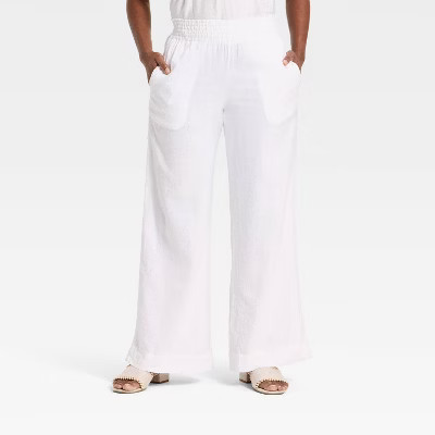 Women's Linen Wide Leg Pull-On Pants - A New Day™ White XS | Target