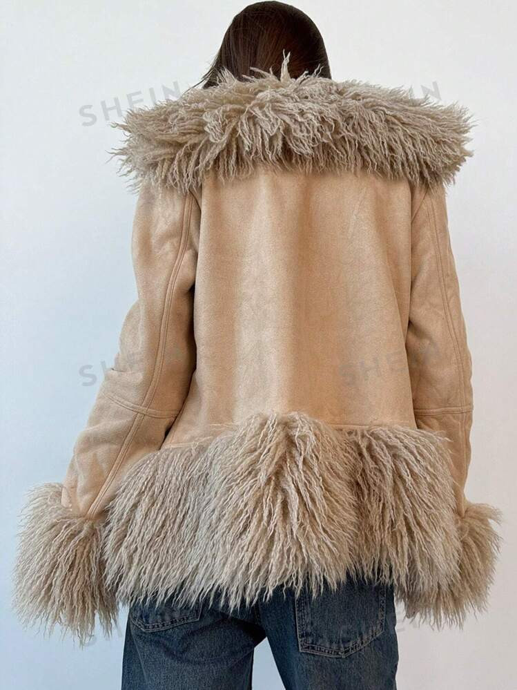 Aloruh Women's Solid Color Faux Fur Collar Patchwork Long Sleeve Coat, Autumn & Winter | SHEIN