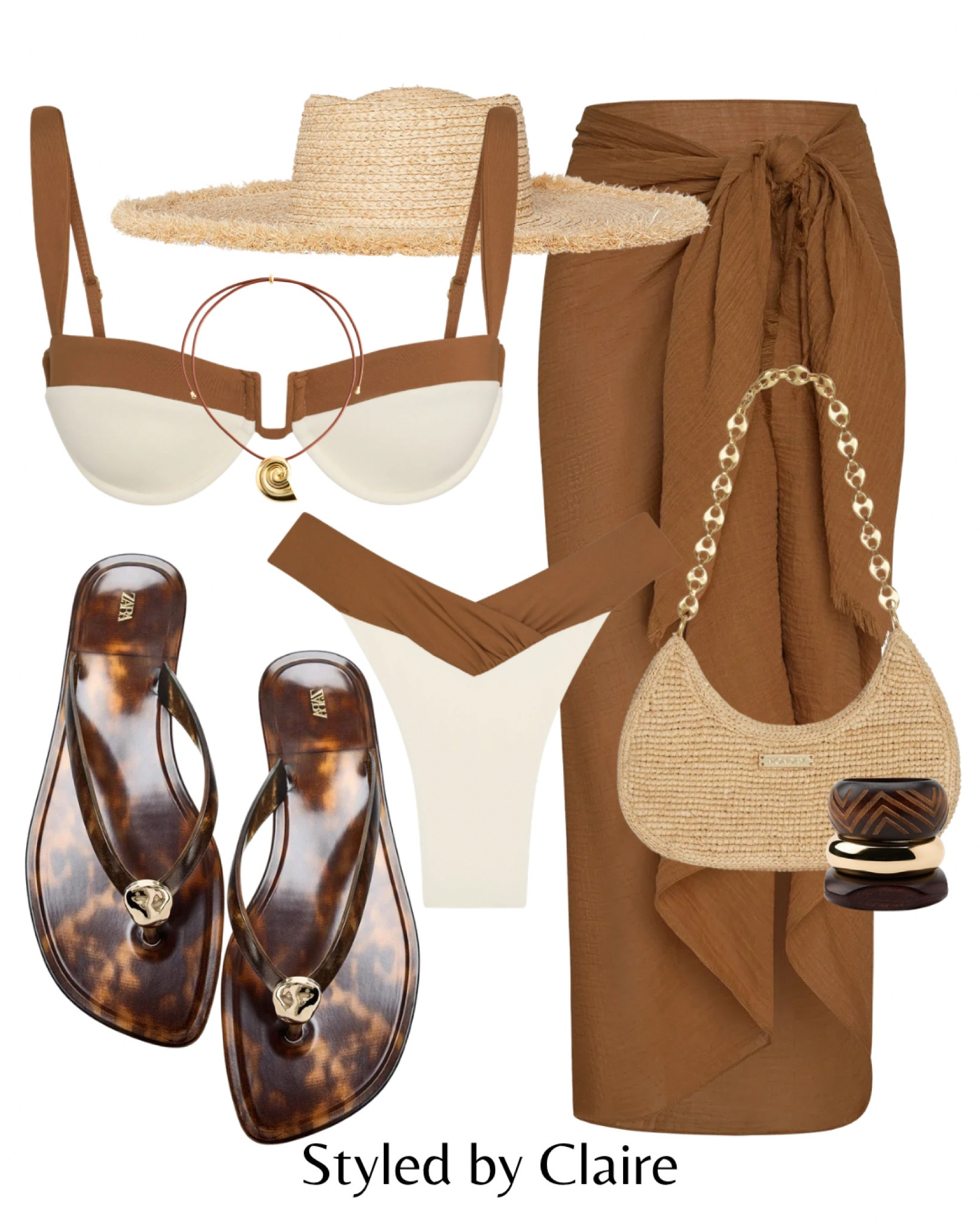 Caramel Collection by Mondays Swimwear🥨 summer pool party beach club outfit inspo ocean Ibiza Dubai Marbella brown Zara thong jelly sandals raffia bag sombrero hat 

#LTKsummer