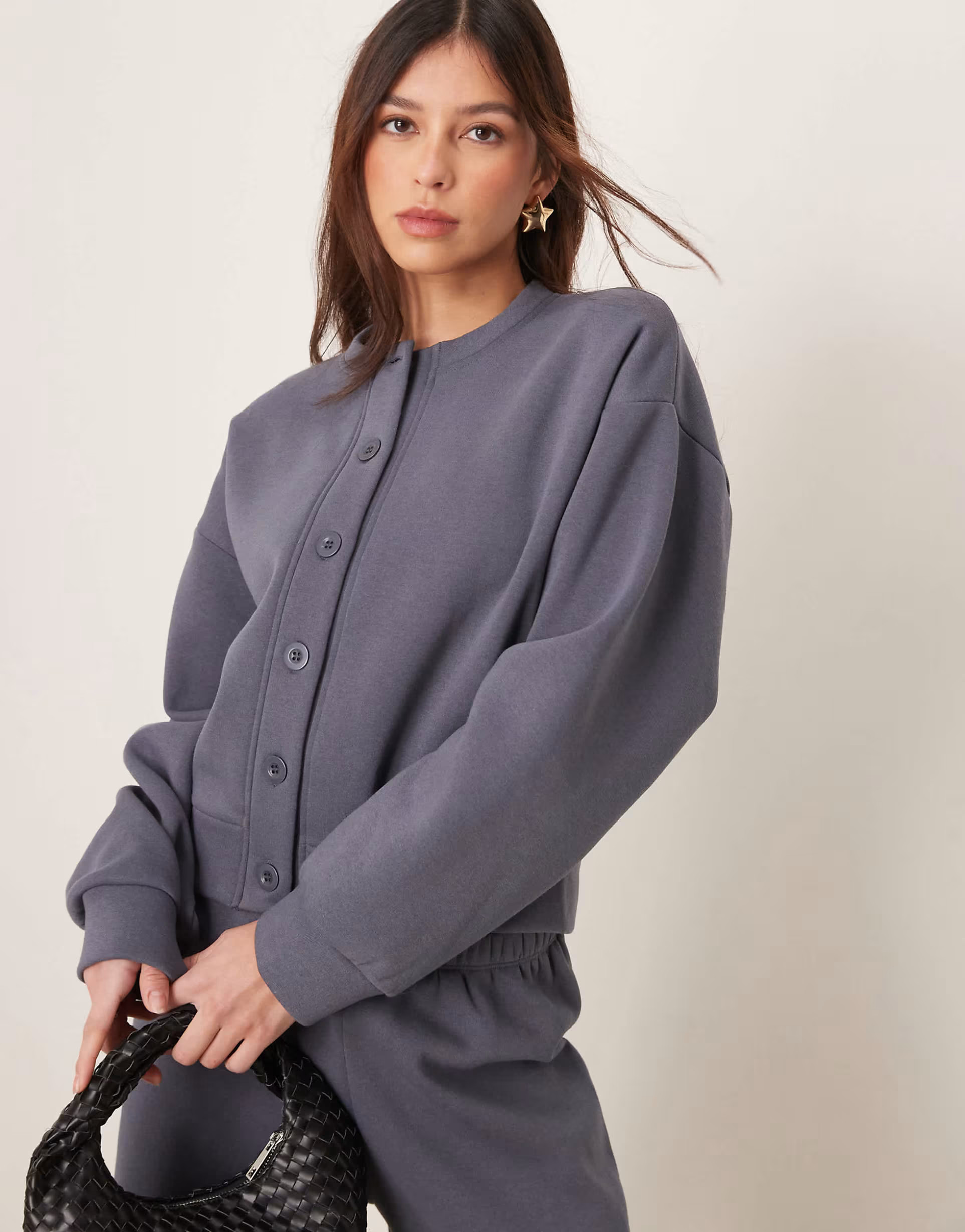 ASOS DESIGN sweat crew neck cardigan and jogger co ord in charcoal | ASOS (Global)