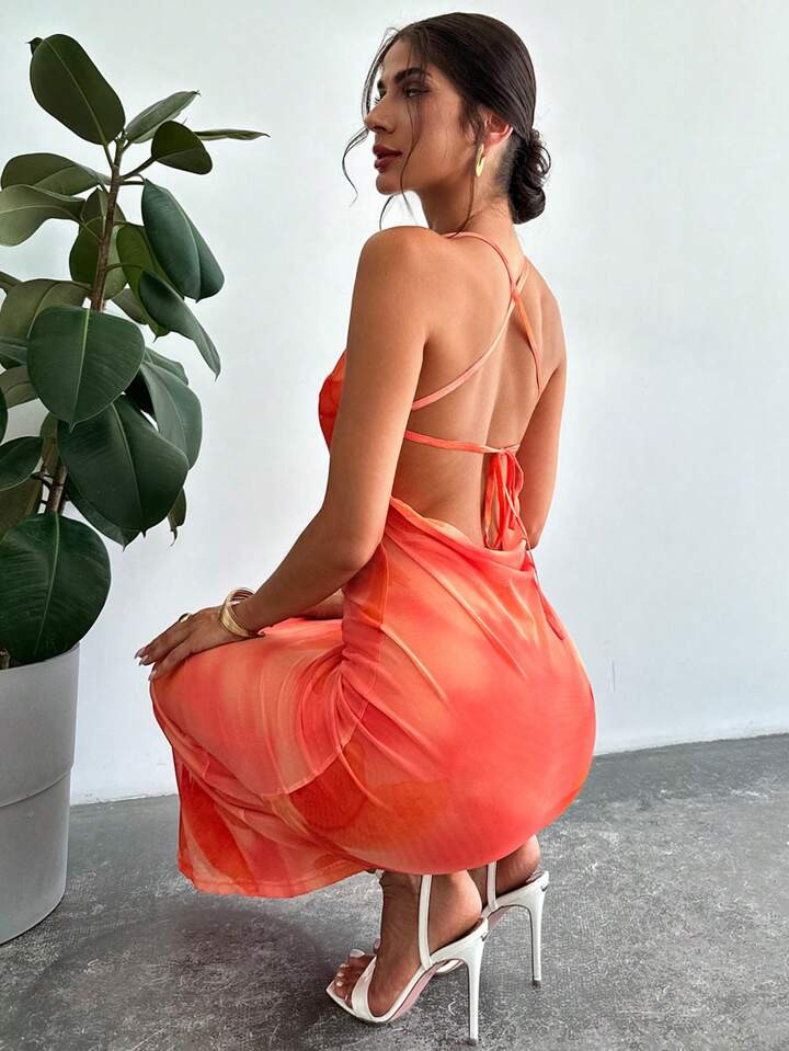 Firerie Women's Elegant Ditsy Floral Draped Neck Spaghetti Strap Mid-Length Casual Dress, Summer ... | SHEIN