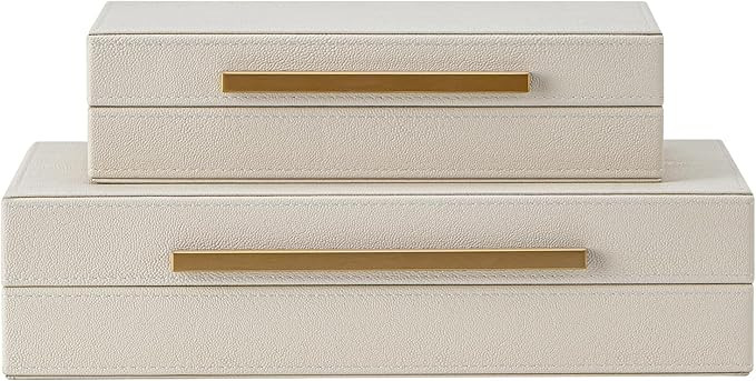 Set of 2 Beige Shagreen Decorative Storage Boxes with Gold Metal Handles – Faux Leather Jewelry... | Amazon (US)