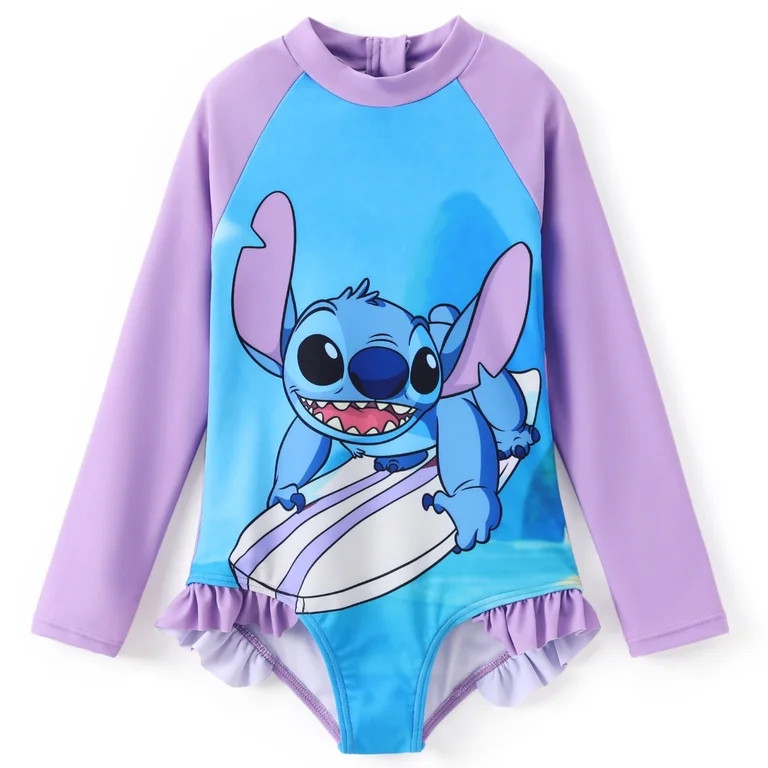 Disney Stitch Girls Swimsuit Rash Guard Graphic Long Sleeves Bathing Suits Red Kids 6-7T | Walmart (US)