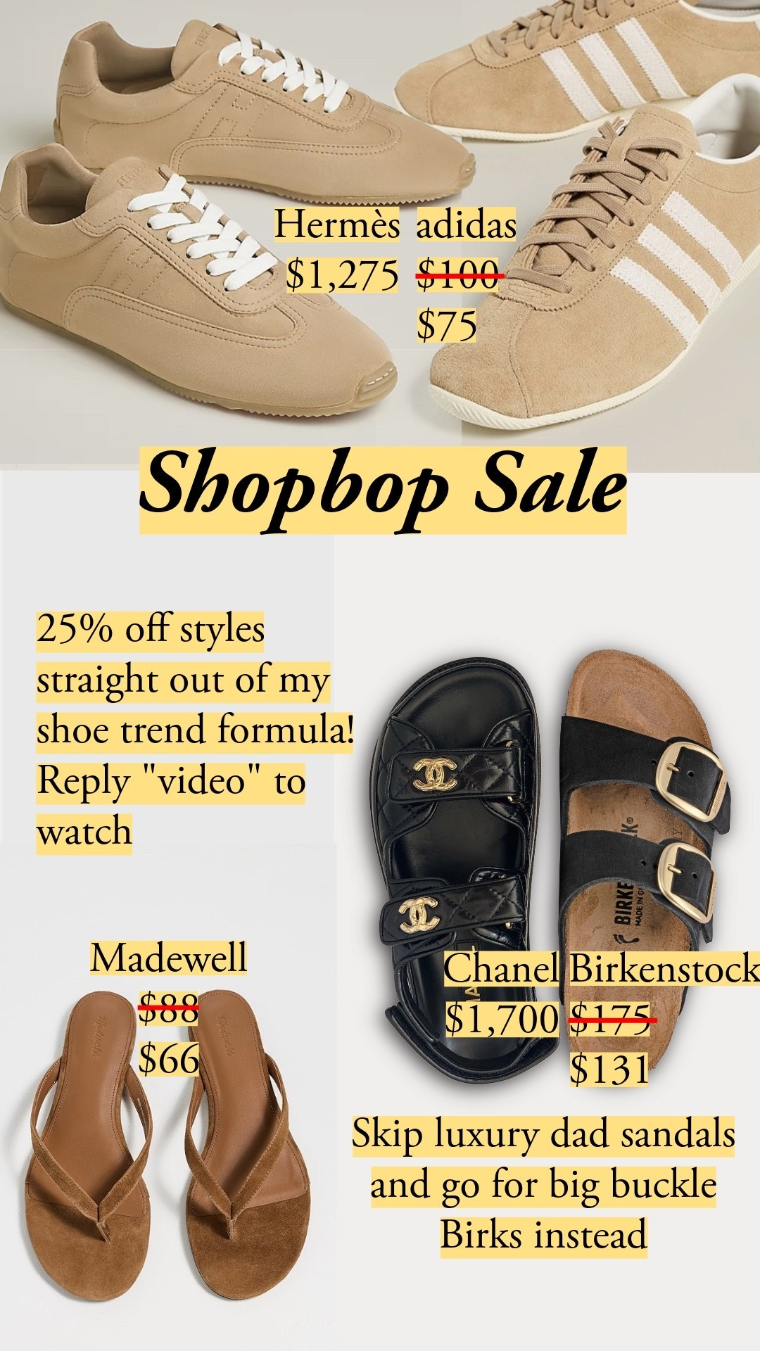 25% off Shopbop with code PRIME25 – just link your Shopbop account to Amazon Prime (I did it ages ago, it's the easy way). These are pulled straight from my shoe trend formula. Instead of luxury dad sandals, I'm going big-buckle Birks; the wider strap and suede footbed give you that grounded, sculptural shape The Row leaned into. Low-profile vintage sneakers are riding a long trend, so they'll earn their shelf life. And minimal thong sandals are my summer go-to. Madewell uses fine suede for their footwear (more refined than their bags). No need to splurge. Send this to whoever's been eyeing the Chanel dad sandals low profile sneakers, suede sneakers, vintage style sneakers, adidas gazelle, neutral sneakers, the row inspired sneakers, dad sandals, big buckle birkenstock, birkenstock arizona, leather thong sandals, madewell sandals, minimal summer sandals, luxury for less, shoe trend 2026, neutral shoes

#LTKootd