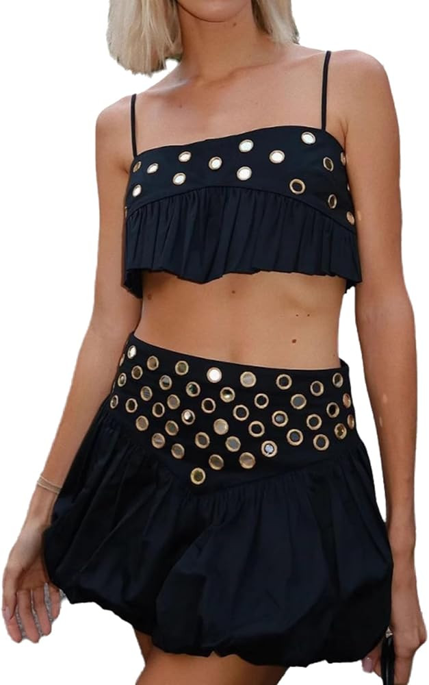 Women 2 Piece Outfits Sleeveless Crop Top Mini High Waisted Pleated Skirt Set for Summer Party Cl... | Amazon (US)