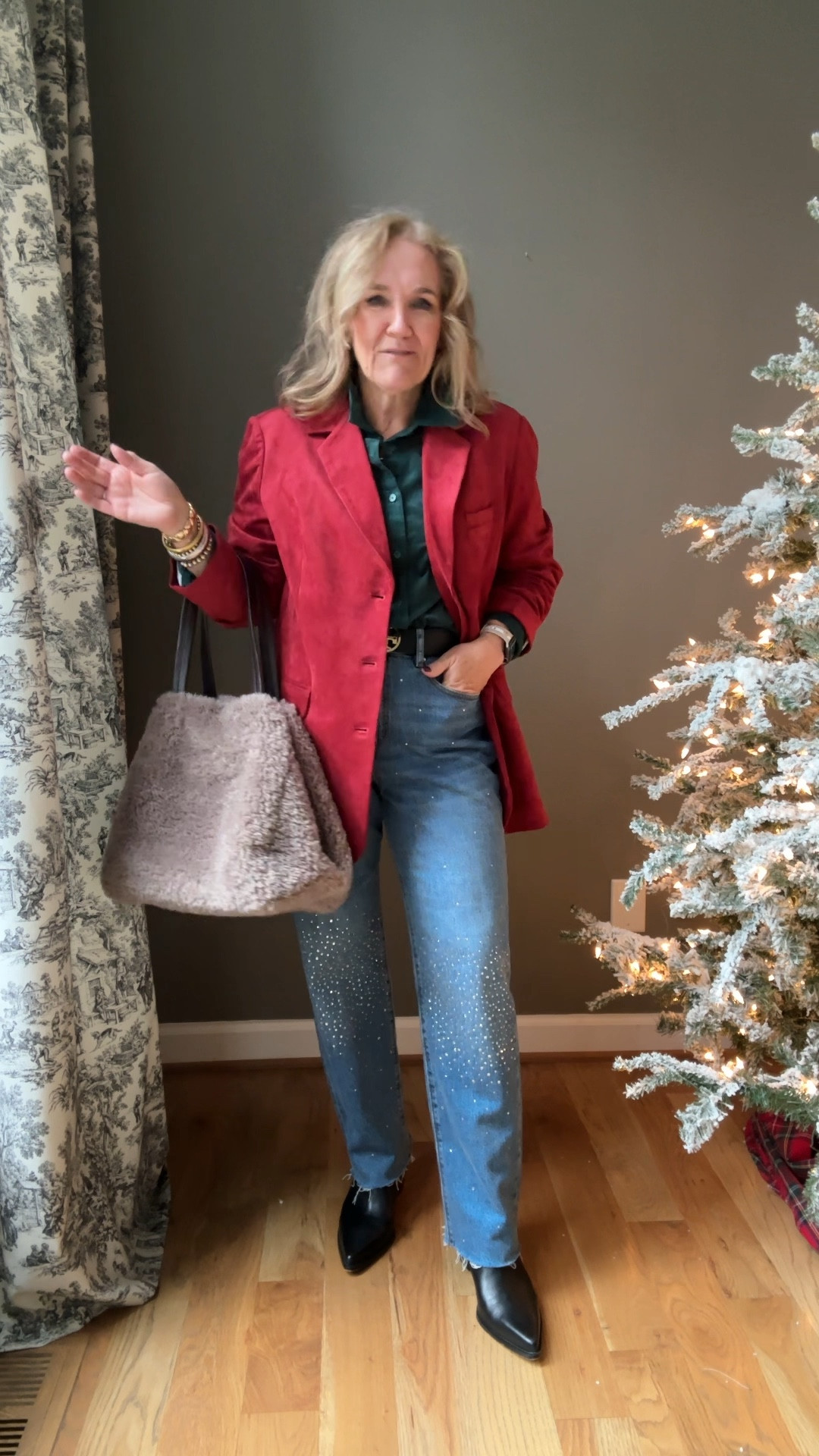 Anthropology, blazer, LOFT, jeans, corduroy shirt, sequin, embellish, jeans, rhinestone jeans, Sherpa bag, gap tote, bag, suede, blazer, red, blazer, black boots, black pointed, toe, boots, Dolce Vita, waterproof boots

#LTKMidsize #LTKOver40 #LTKHoliday