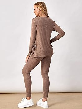 OYOANGLE Women's Maternity Rib Knit Round Neck Knot Side Tee Tops and Leggings Pants Sets | Amazon (US)