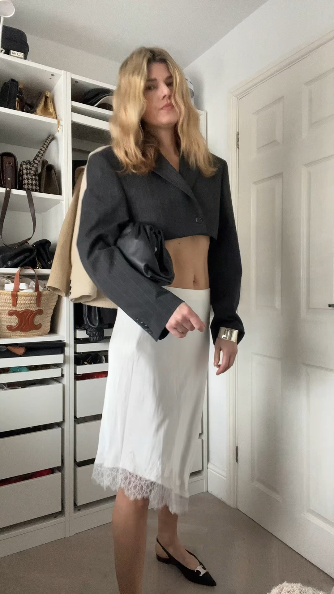 Slip skirt, cropped blazer, Bottega clutch, celine shoes, flat shoes 

#LTKFashionMonth #LTKspring #LTKuk