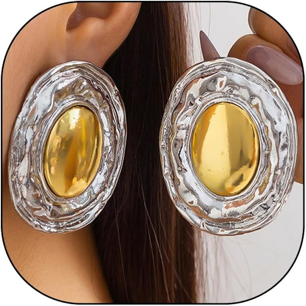 Two Tone Big Oval Statement Earrings for Women,Gold Chunky Hammered Botton DangleEarrings for Pro... | Amazon (US)