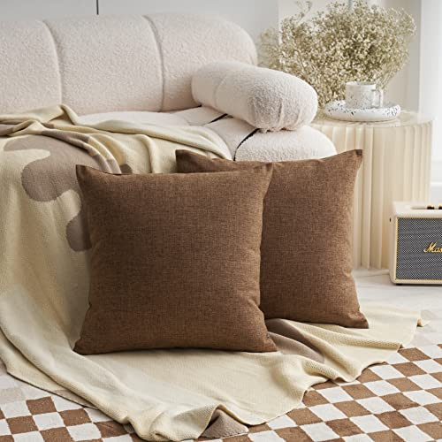 Demetex 24x24 Brown Pillow Covers Set of 2 Modern Sauare Decorative Burlap Pillowcases Soft Solid Linen Throw Pillow Covers for Bed Room Boy Dorm, 24 x 24 inch, Brown | Amazon (US)