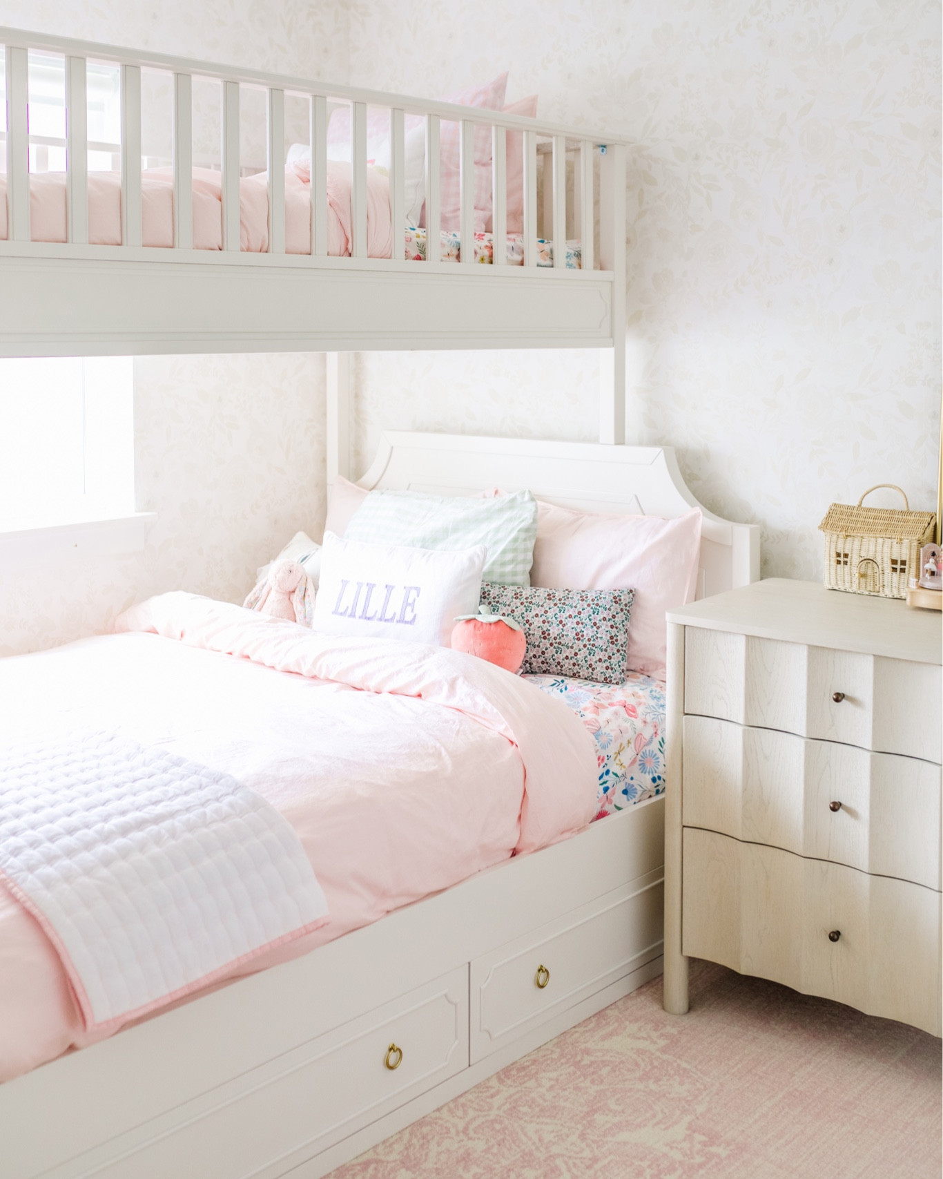 Bunk bed, bunk beds, shared bedroom, girls bedroom, wallpaper, dresser, rug, home, girls bedroom 

#LTKkids #LTKhome #LTKfamily