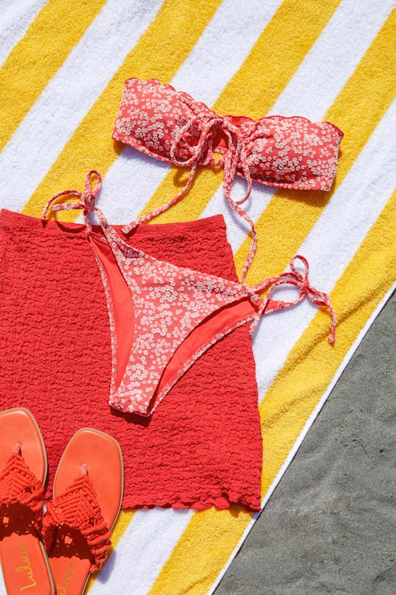 Margarita Red Floral Jacquard Low-Rise Side-Tie Bikini Bottoms | Lulus