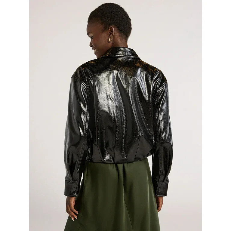 Scoop Women’s Crinkle Faux Patent Leather Cropped Bomber Jacket, Sizes XS-XXL | Walmart (US)
