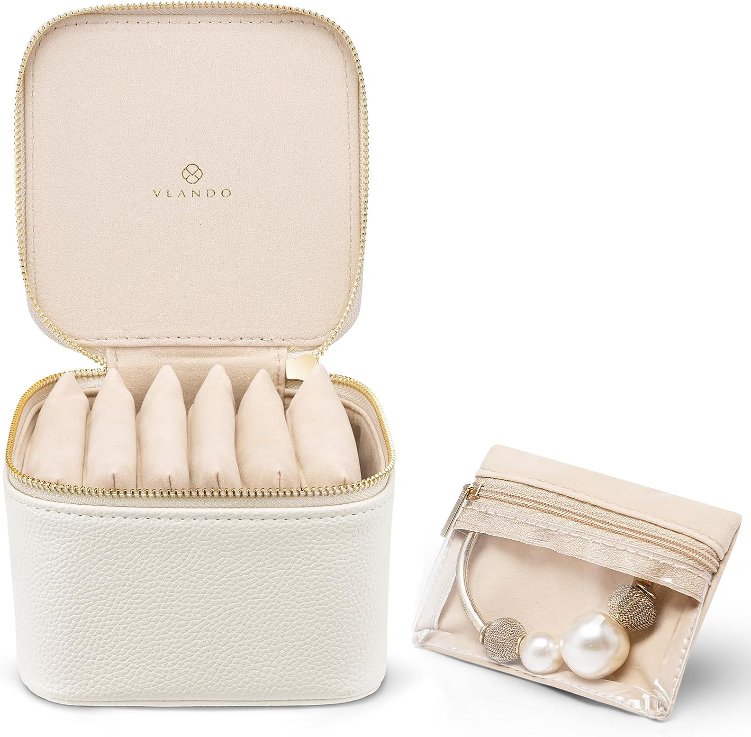 VLANDO Travel Jewelry Organizer Case with 6 Clear Velvet Zipper Pouches, Faux Leather Jewelry Storage Box for Rings, Earrings, Necklaces and Bracelets, Gift for Women | Amazon (US)