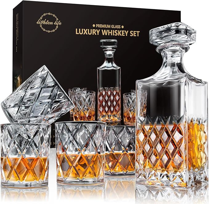 LIGHTEN LIFE Whiskey Decanter Set - Italian Style With 4 Glasses in Gift Box - Crystal Bourbon De... | Amazon (US)