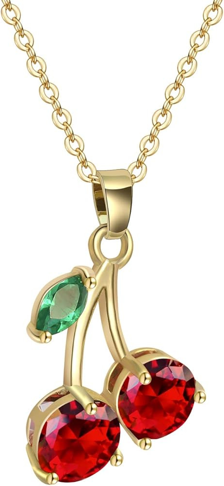 VONSSY Personalized Red Cherry Pendant Necklace Created-Ruby Flower Sweater Chain with 5A CZ Jewe... | Amazon (US)