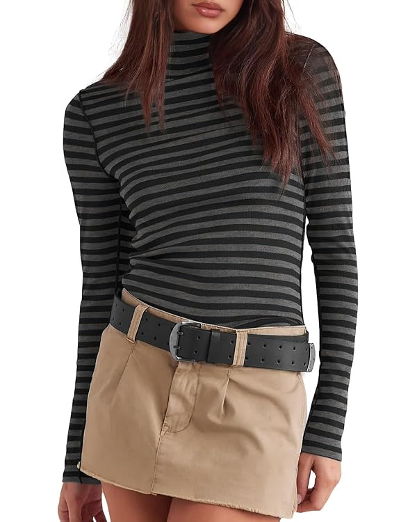 Darong Womens Striped Turtleneck Shirt Long Sleeve Undershirts Ribbed Slim Fit Top Fitted Basic T... | Amazon (US)