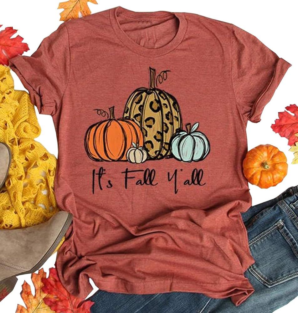 It's Fall Y'all Shirts Women Halloween Leopard Pumpkin Short Sleeve T-Shirt Thanksgiving Casual T... | Amazon (US)