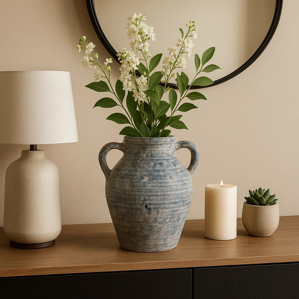 Kenith Stylish Flower Vase With Weathered Ceramic Finish - Classic Two-Handle Form Perfect For Di... | Wayfair North America