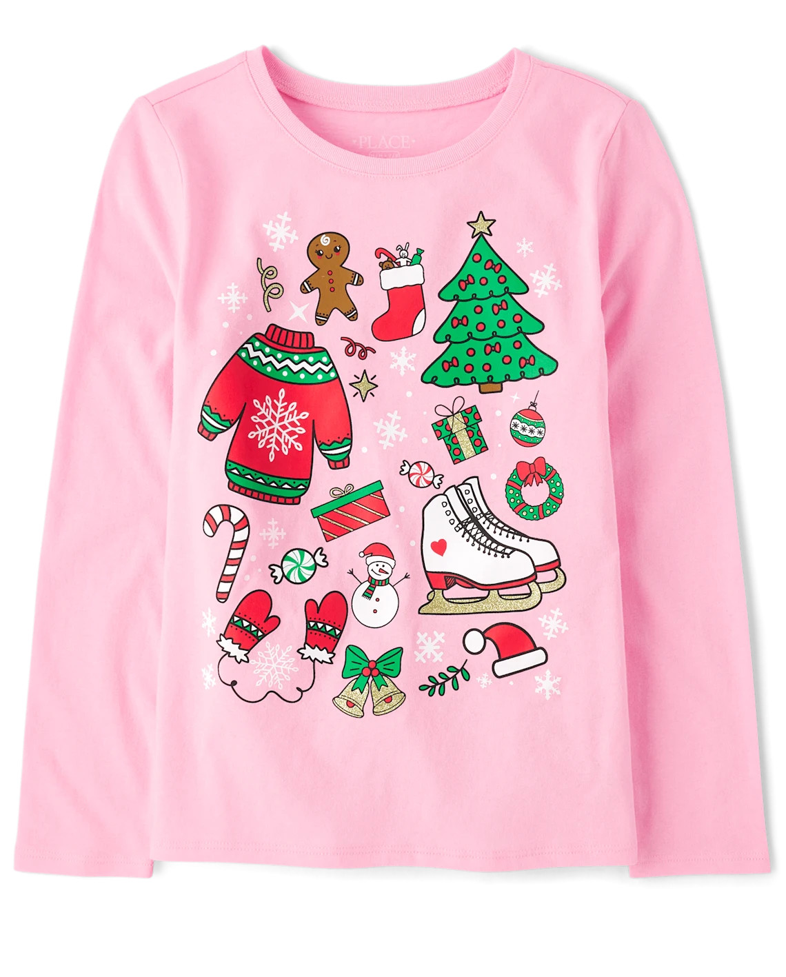 Girls Long Sleeve Christmas Doodle Graphic Tee - LUAU | The Children's Place CA | The Children's Place
