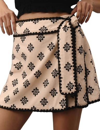 Womens Wrap Skort Printed Skirt Elastic Waist Short Mini Skirts with Side Tie | Amazon (US)