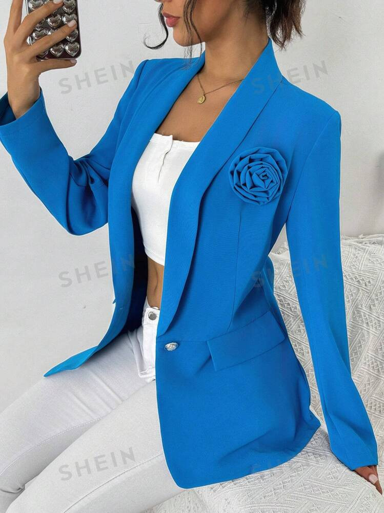 SHEIN Raffinéa Elegant Solid Color 3D Flower Decor Lapel Blazer Jacket, Autumn | SHEIN