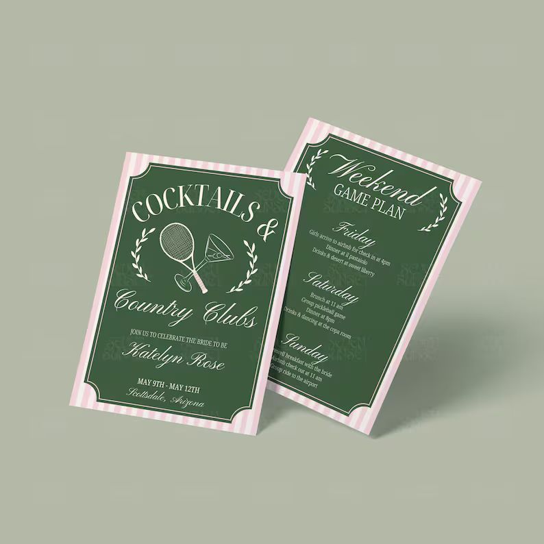 Cocktails and Country Clubs Bachelorette Invite Tennis Club Bachelorette Itinerary Luxury Bach Te... | Etsy (US)