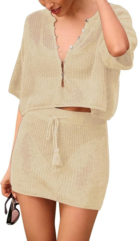 Pink Queen 2 Piece Crochet Swimsuit Cover Ups for Women Hollow Out Knitted Bathing Suit Coverup B... | Amazon (US)